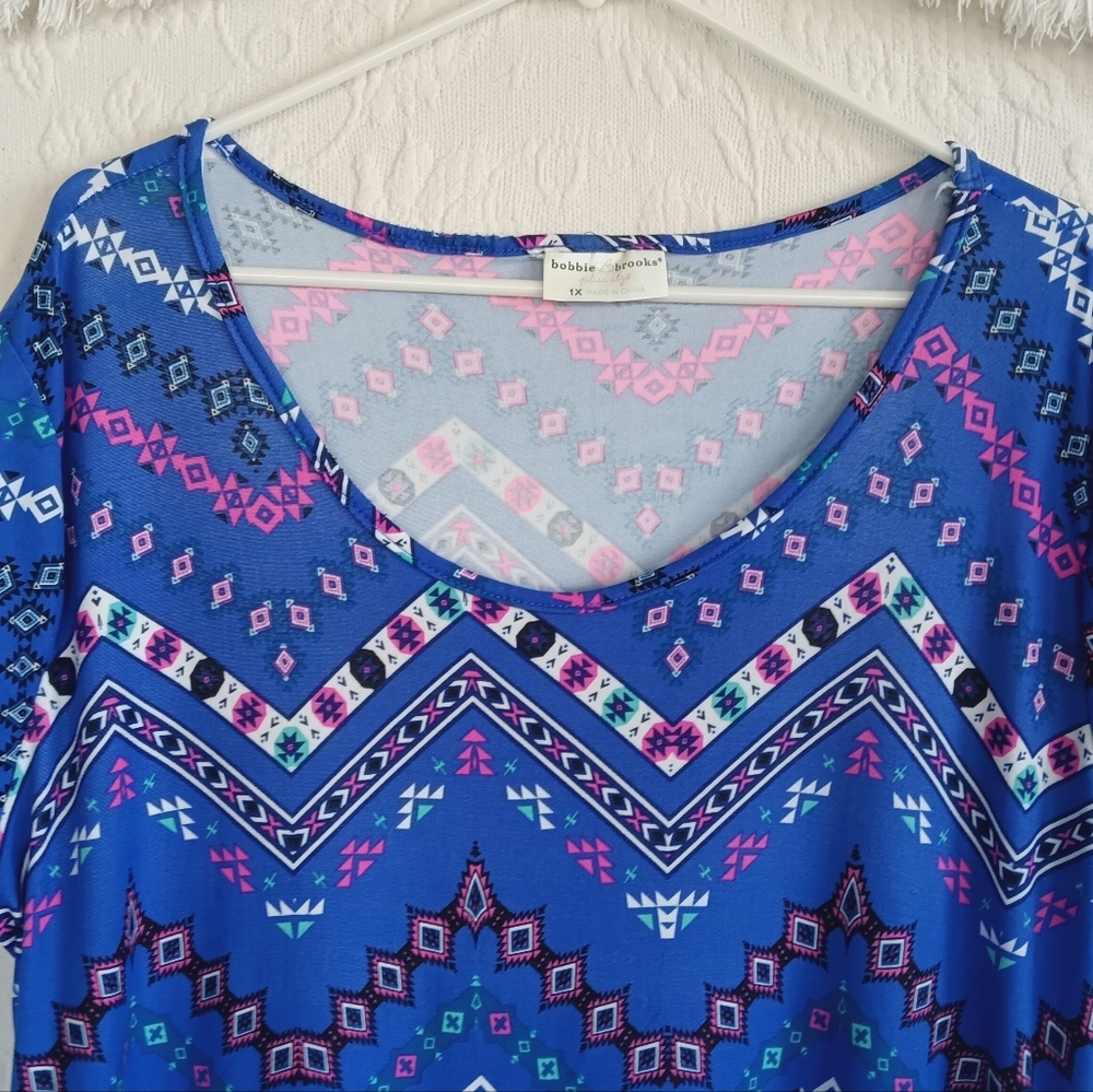 Bobbie Brooks Blue Maxi T Shirt Dress Tribal Western Bohemian Colorful Zig Zag - Picture 3 of 9
